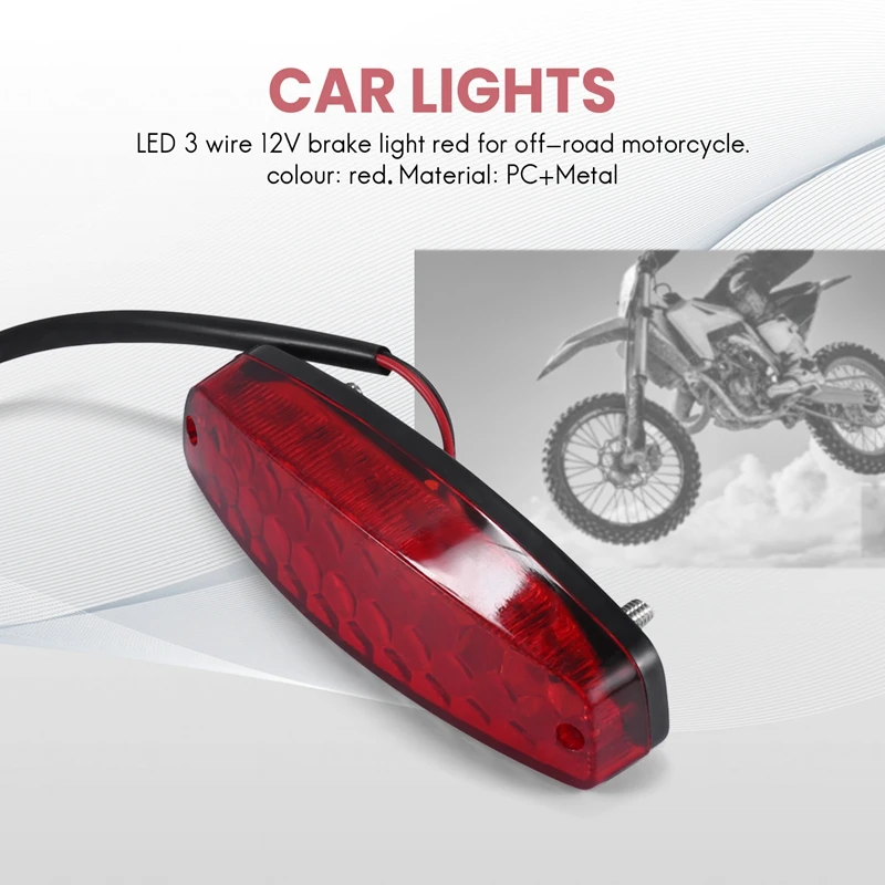 Luz de parada de freio para motocicleta off-road, Signal Lamp Acessórios, Licença Taillight, Acessórios ATV, Vermelho, 3 Fios, ATV, 12V