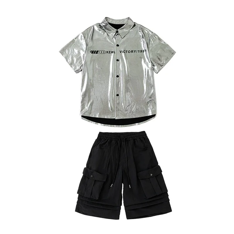 เด็กKpop Hip Hopเสื้อผ้าเงินเสื้อสีดําฤดูร้อนกางเกงขาสั้นจีบกระโปรงกางเกงขาสั้นสําหรับGirl Boy Jazz Danceเครื่องแต่งกายเสื้อผ้า