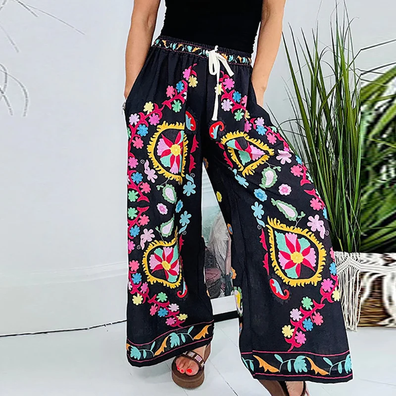 

New 2024 Summer Casual Drawstring Pocket Pants Women's Bohemian Loose Long Pants Vintage Pattern Printed Elastic Waist Trousers