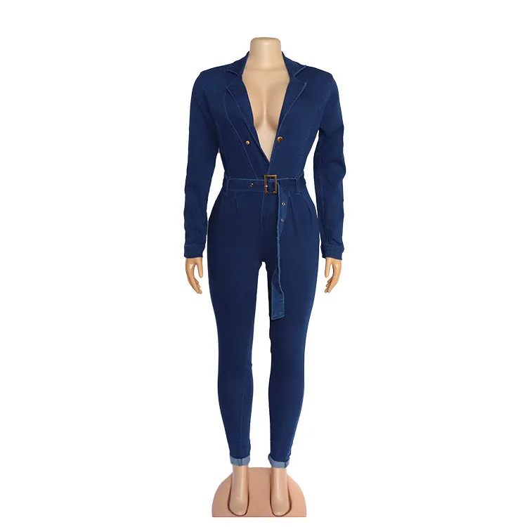 Sexy Women Square Collar Long Sleeve Bodycon Casual Denim Jumpsuit Elegant Stretch Jeans Romper Ovralls