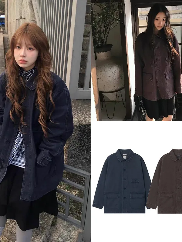Retro Korean Style Women's Workwear Jacket with Pocket Denim Collar Stand up Coat Long Sleeve Button Closure Autumn New Arrivals