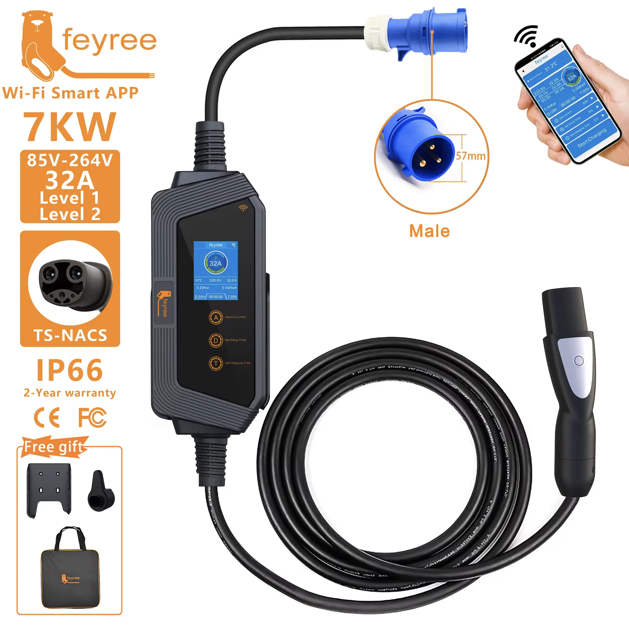 Feyree-ポータブルEV充電器,TS-NACSコネクタ,32a,50a,12kw,高出力,アプリケーション付き,wifi,すべてのテスラモデル用