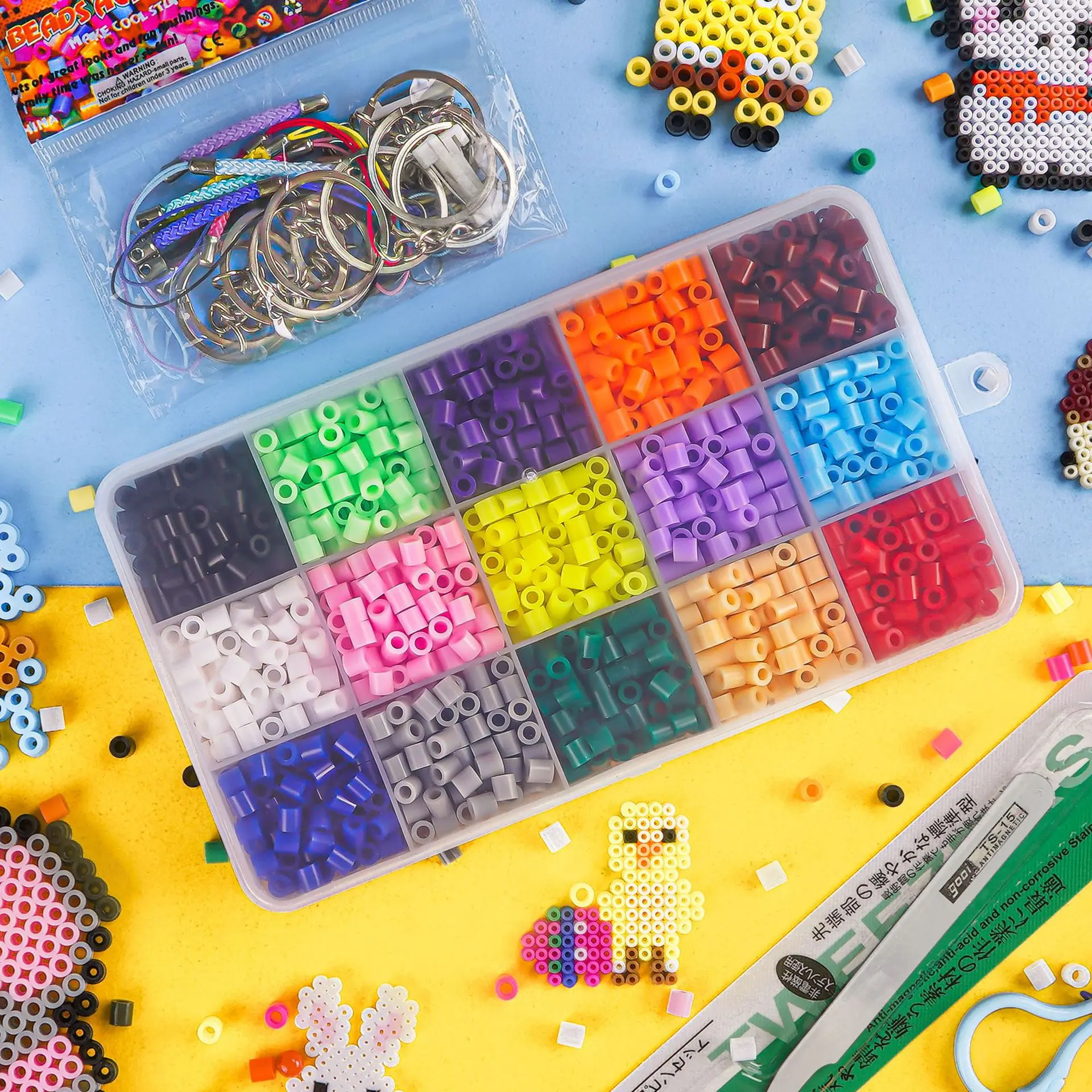 15色 5mm メルトビーズセット ピクセルアートパズル ハマビーズ DIY 3Dパズル 手作りギフト フューズビーズキット アイロンビーズおもちゃ