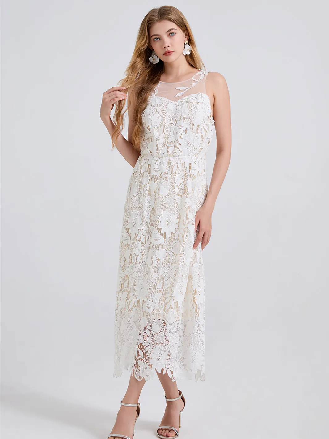 

High-end Custom Mesh Splicing White Lace Dress For Women Elegant Leaf Embroidery Appliques Water-soluble Dinner Dresses Luxury