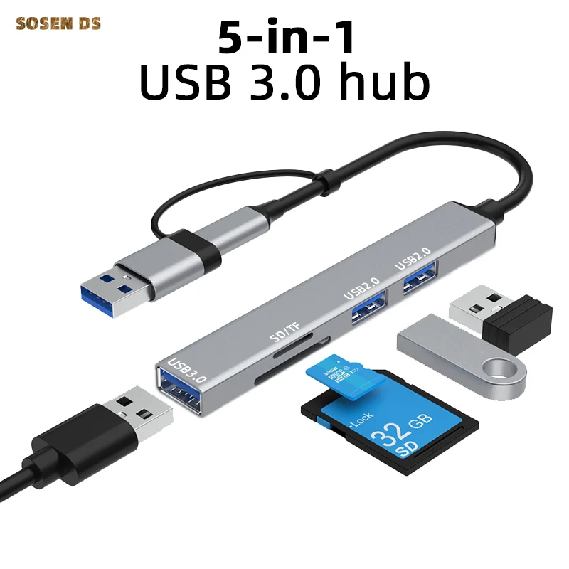 

5 in 2 USB hub with splitter sd card readers, equipped with USB 3.0/2.0 hub , micro sd/TF and hub usb type c usb port hub