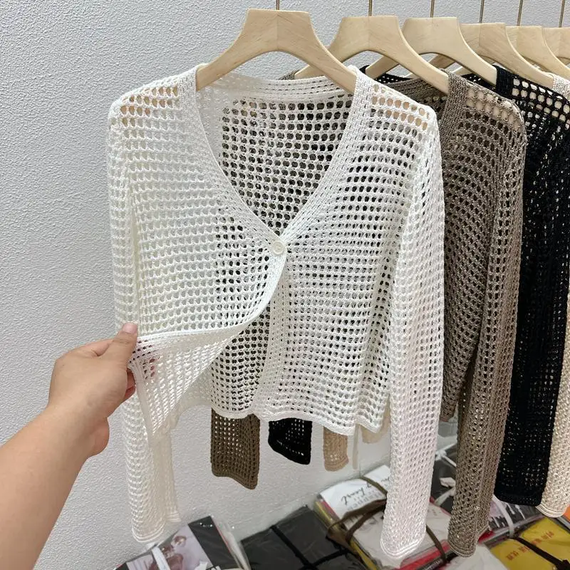 

Полая сетчатая солнцезащитная куртка из ледяного шелка для женщин, летняя верхняя одежда с длинными рукавами, маленькая шаль, вязаный кардиган, свитера
