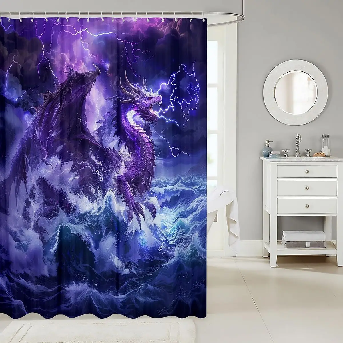 Waterproof Dragon Storm Shower Curtain Gothic Fantasy Art Bathroom Decor Epic Lightning Ocean Mythological Creature Shower Curta