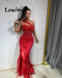 Long Feathers Full Crystal Mermaid Prom Dress Arabic Aso Ebi Red Luxurious Celebrity Dresses 2024 Engagement Gowns Evening Dress