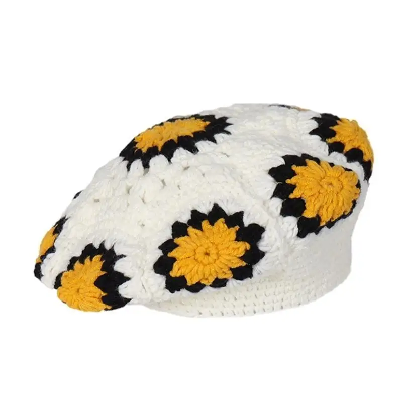 

652F Floral Crocheted Cap Artist Hat Floral Hat for Street Photo