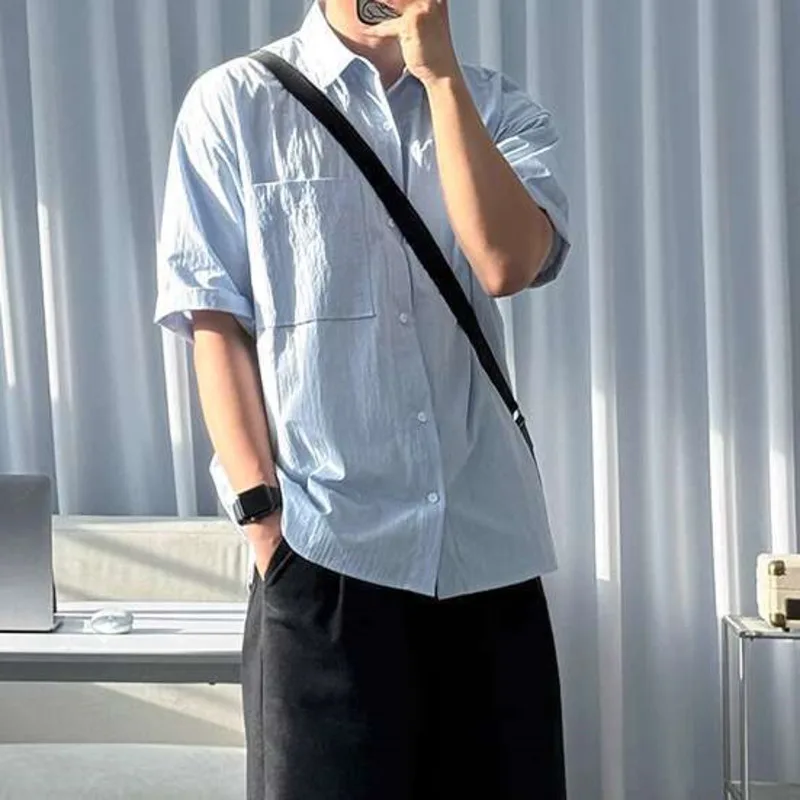 

Shirts Lapel Male Pocket Design Solid Color Korean Style Summer Short Sleeved Single Breasted Loose Men Tops Simple J3HC