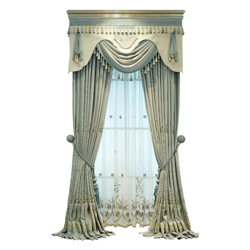 High-end Grey Blue Embroidered Flannelette Thickened Blackout Curtains for Living Room Bedroom Villa French Window Customized