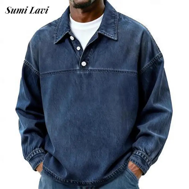 Autumn Casual Pullover Mens Streetwear Vintage Turn-down Collar Shirt Tops Daily Casual Solid Color Loose Long Sleeve Shirts