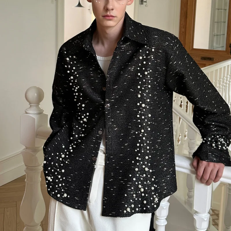 WVGA Spring Autumn New Men High-End Heavy Beaded Trendy Long Sleeve Shirts Niche Casual Stylish Turn-Down Collar Tops Ins W17884