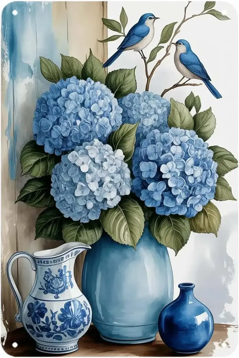 Blue Hydrangea Bird Tin Sign Floral Botanical Vintage Metal Signs Wall Decor for Kitchen Bar Cafe Bedroom Home Patio Outdoor Gif