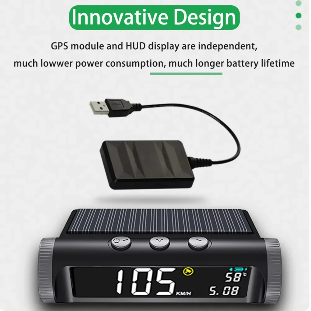 HUD Head Up Display USB Rechargeable Digital Speedometer Driving Alarm GPS Overspeed Alarm Solar-powered Accessories