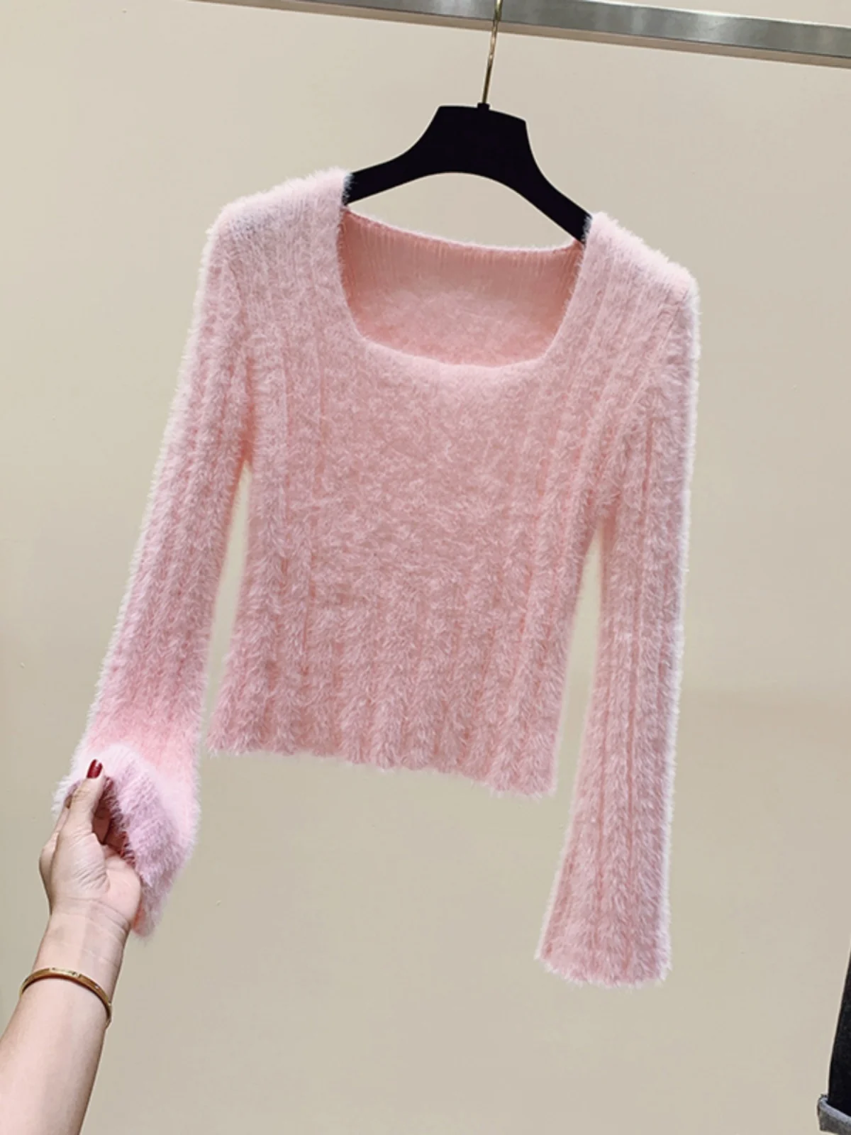 Autumn Lazy Sle Square Collar ort Knitted Sweater Base Layer Faux Mink Design Unique Top Sexy Girl Top Warm Thiened Lon...