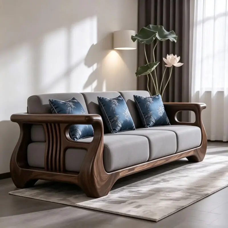 New Chinese straight sofa black walnut solid wood frame breathable fabric large apartment living room