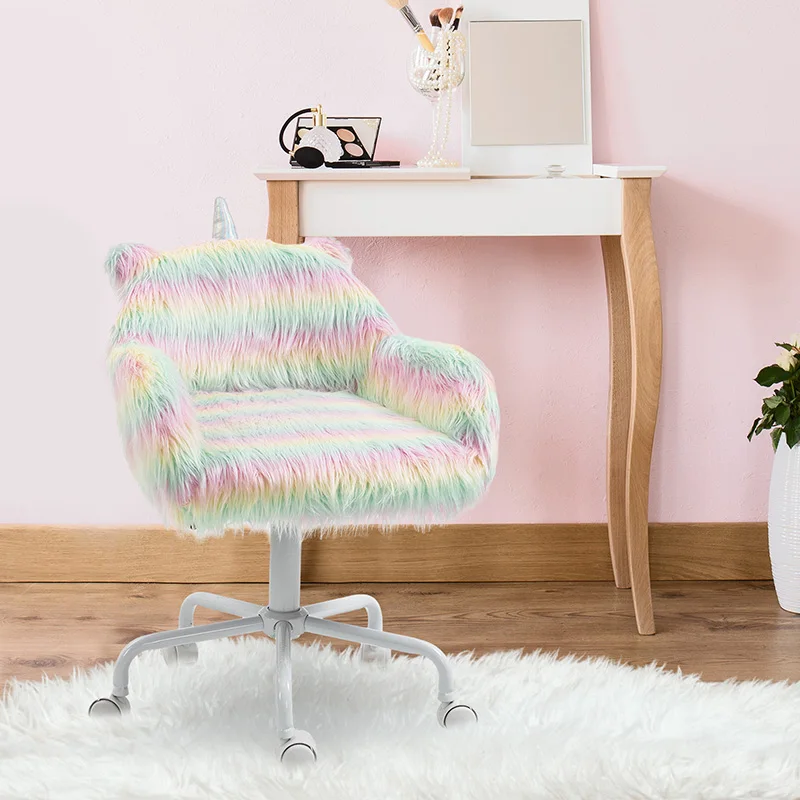 HOMCOM Fluffy Unicorn Office Chair with Mid-Back and Armrest Support, 5 Star Swivel Wheel White Base, Rainbow  On-Site