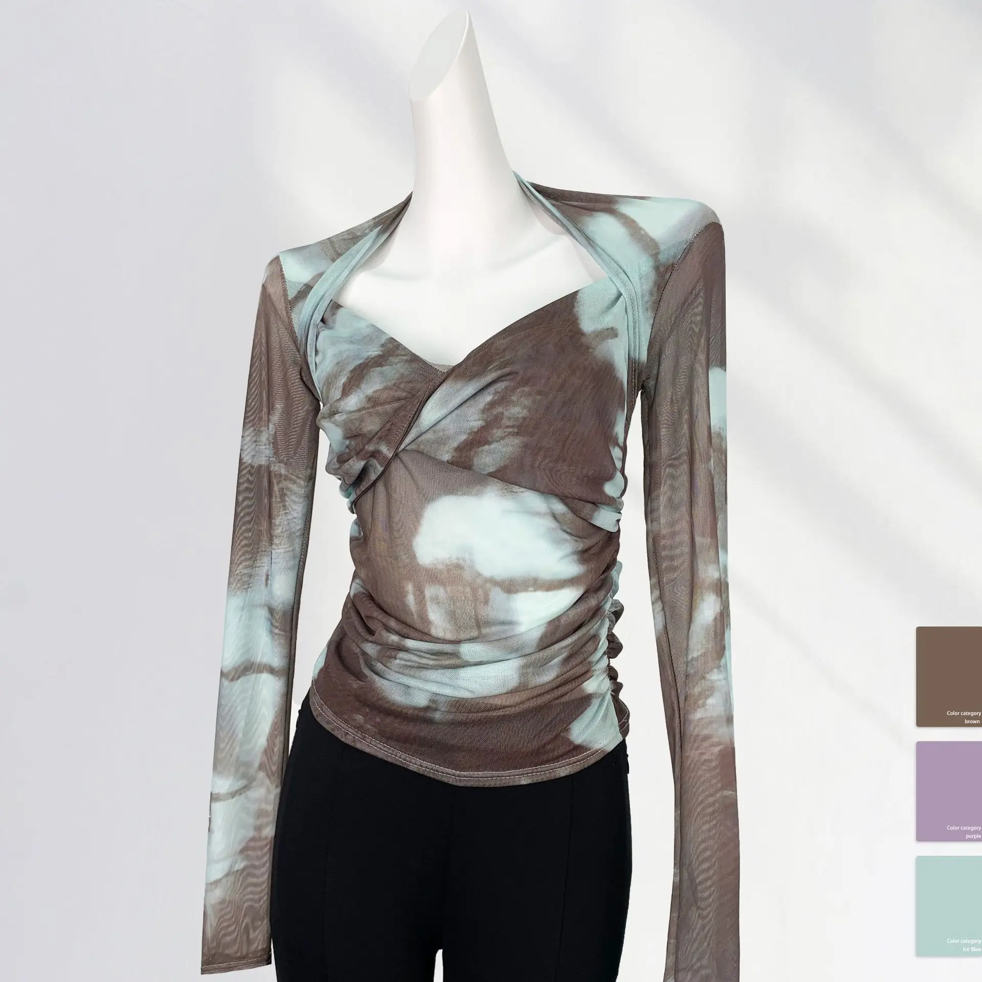 

Summer V-neck Long Sleeved Tie-dyed T-shirt Top Women's Mesh Sunscreen Clothing