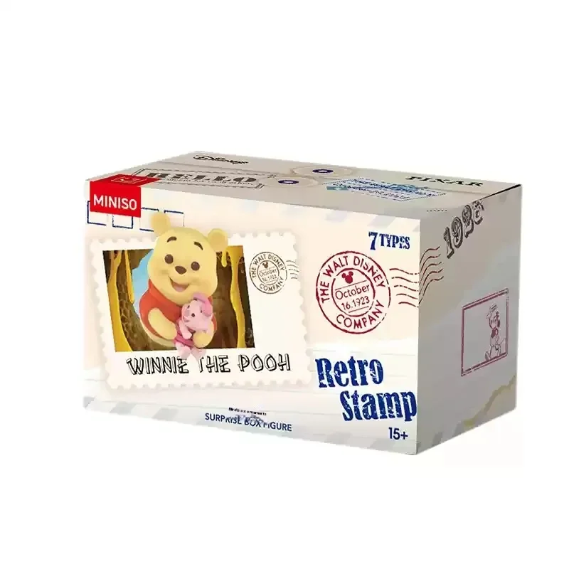 Miniso Disney Retro Stamp Blind Box, pegatina de refrigerador, regalo hecho a mano, colección de Anime, cumpleaños, Winnie Stitch, caja misteriosa