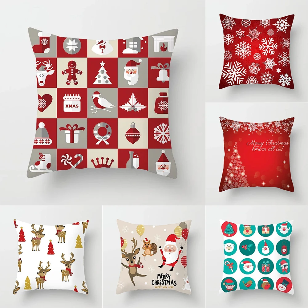 Merry Christmas Print Cushion Cover Reindeer Snowflake Santa Sofa Bed Pillow Cover Home Decor Holiday Cushion Cover