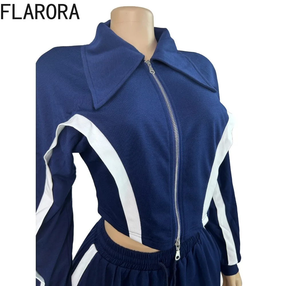FLARORA Moda Stripe Patchwork 2 pezzi Set Donna Risvolto Manica lunga Zip Crop Giubbotti e Pantaloni con coulisse Abiti Tute da strada