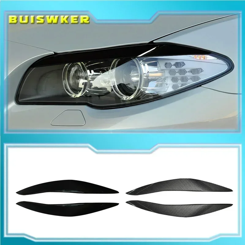 2Pcs Car Front Headlight Eyelids Eyebrow Cover Trim For BMW 5 Series F10 F11 2011 2012 2013 2014 Glossy Black/Carbon Fiber