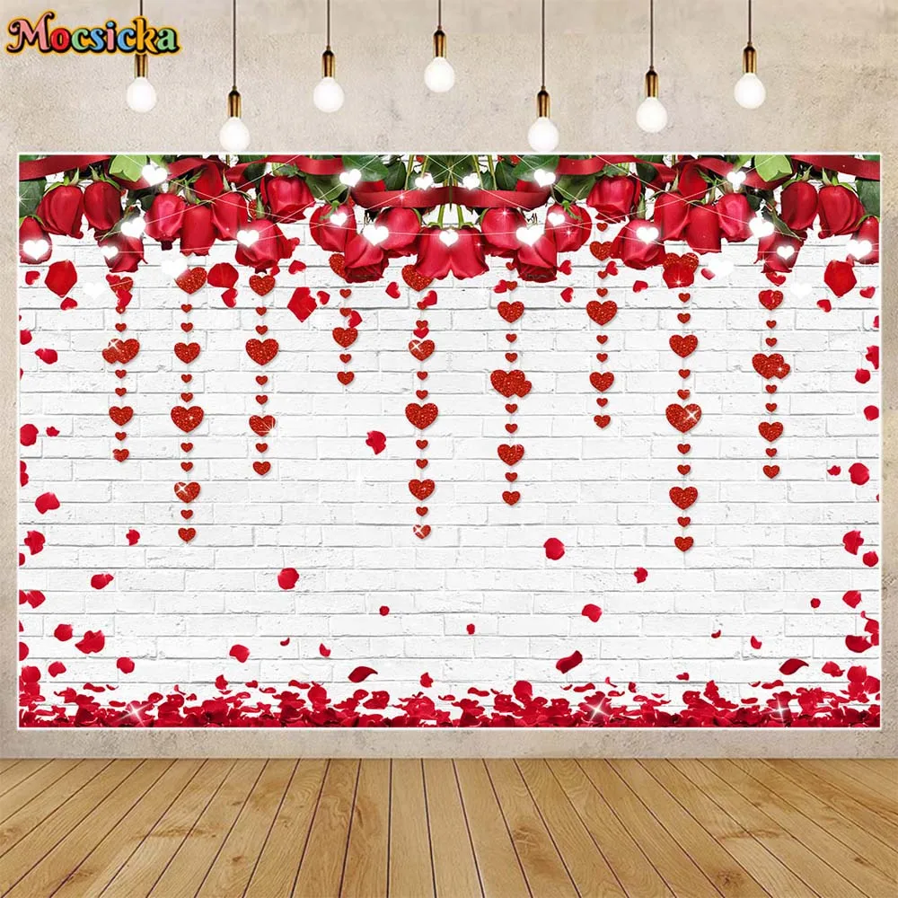 

Mocsicka Valentine's Day Backdrop White Brick Wall Red Love Heart Rose Couple Portrait Photography Background Photo Studio Props