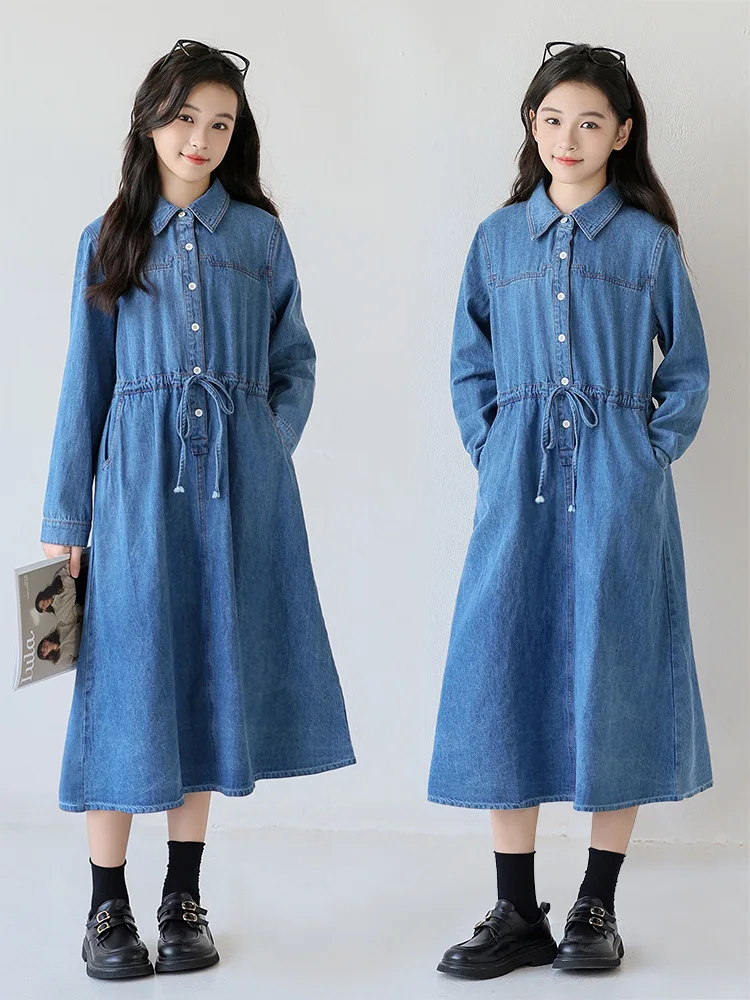 

Girls' Long Sleeve Denim Dress for Spring and Autumn2025Children's Little Girl Waist-Cinching Stylish Skirt