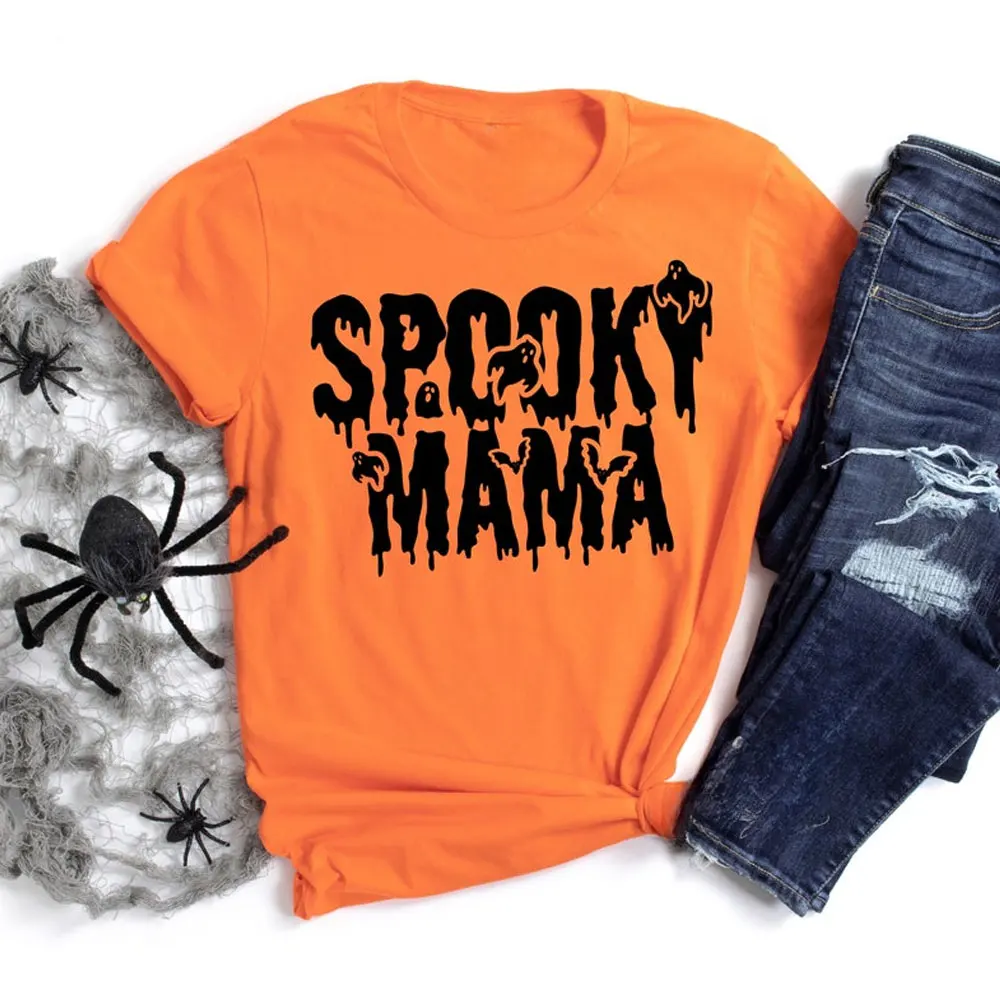 Spooky Mama Halloween Shirt for Mum Mummy Halloween Outfit Funny Mumster T-Shirt Orange Short Sleeve Letter Printing Cotton Tee