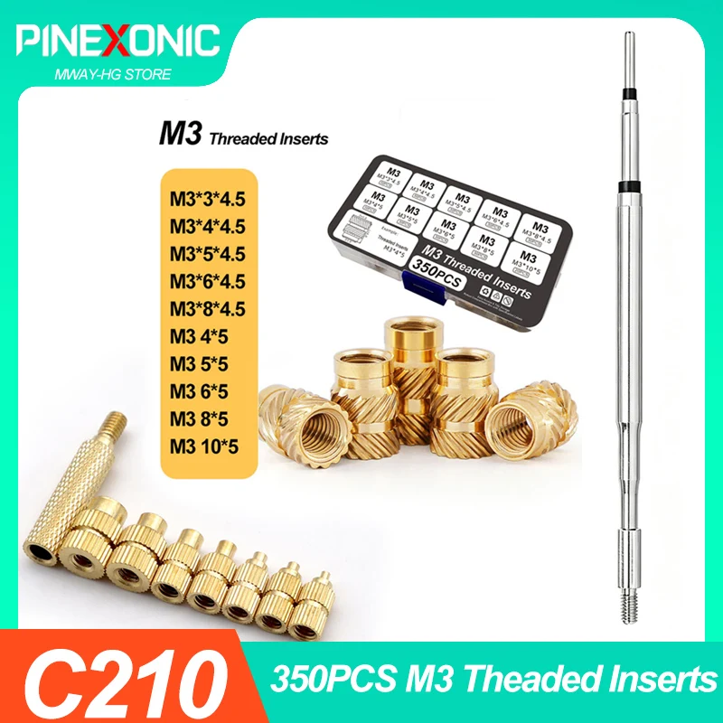 350PCS M3 Oblique Knurl Heat Set Inserts With C210 Heat Insert Tool, Compatible with JBC210 T80 T90A HS02B HS03  Soldering Iron