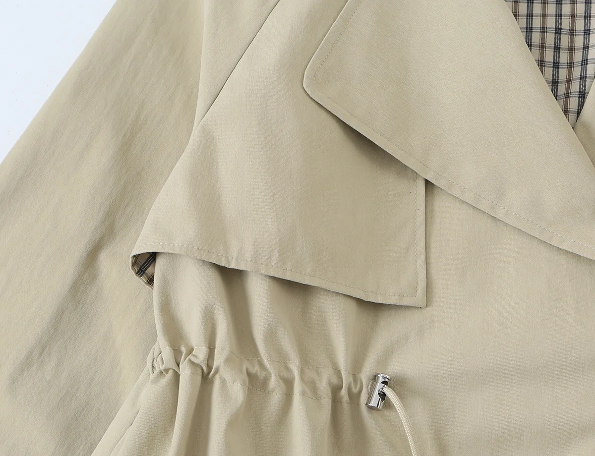 Damen-Trenchcoat mit Reverskragen, schick, verstellbarer Doppelzugband-Taille, Ein-Knopf-Verschluss, einfarbig, modisch, lässig – Detail 5