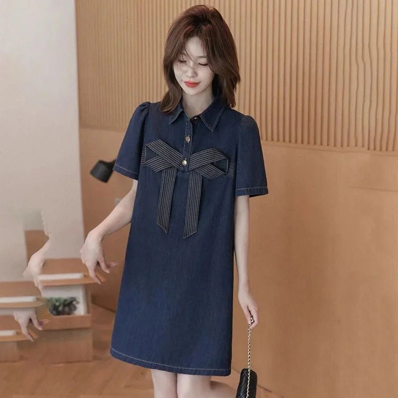 Robe d'été en Denim rétro pour femmes, grande taille, avec nœud, Cowgirl, manches courtes, hauts, t-shirts à revers, nouvelle collection 2024