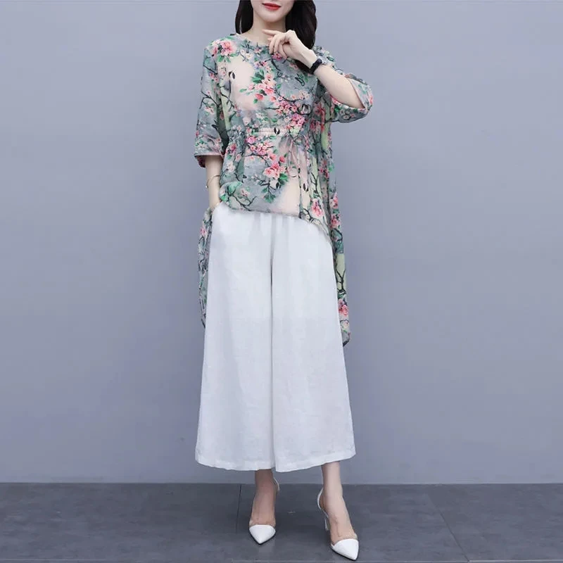 Single/Sets 2024 Summer New Female Korean Fashion Two Piece Overpants Casual Top Chiffon Wide Leg Pants Set For Women