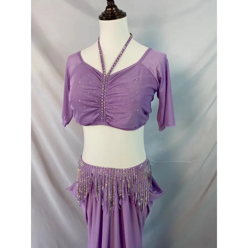 Maßgeschneidertes Bauchtanz-Kostüm, Übungs-Outfit mit sichtbaren Hüften, Diamantkette, Quaste, östliche Tanzkostüme, Klassenuniform