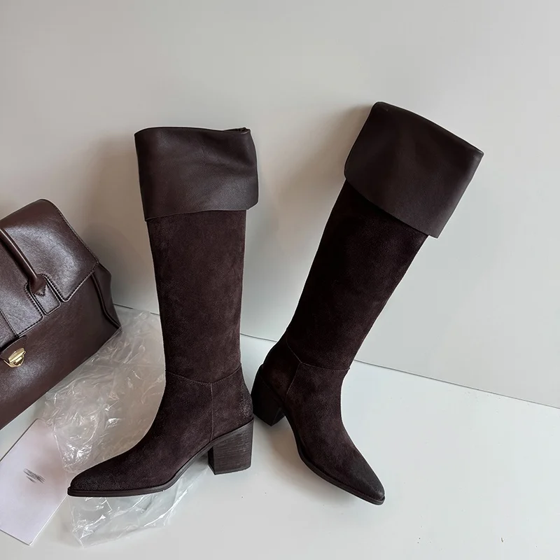 Woman Boots Cowgirls Western Botas Slip On Knee High Botas Cow Suede Shoes Pointed Toe Spring Autumn Woman Patchwork Boots