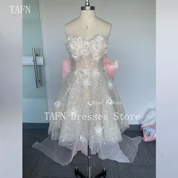 TAFN Luxury Short Prom Gown 3D Flowers Squined Evening Dressses Detachable Bow A-line Strapless Mini Cocktail Party Gown