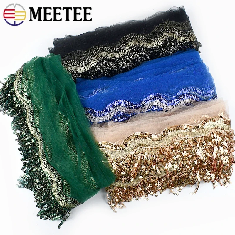 Meetee 1-4Yards 8cm Sequins Tassel Lace Fringe Trims for Sewing Ribbon Wedding Dress Skirt Performance Clothes Decor Mesh Laces