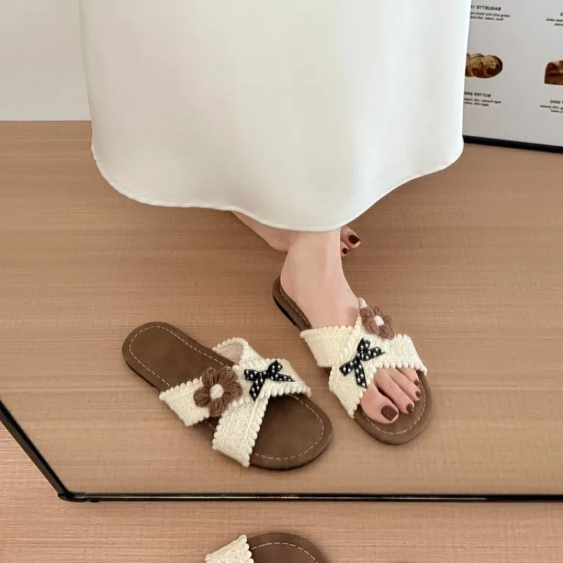 Cute Women Flat Slide Sandals Cross Strap Knit Lace Crochet Flower Polka Dot Bow Decor Summer Slippers