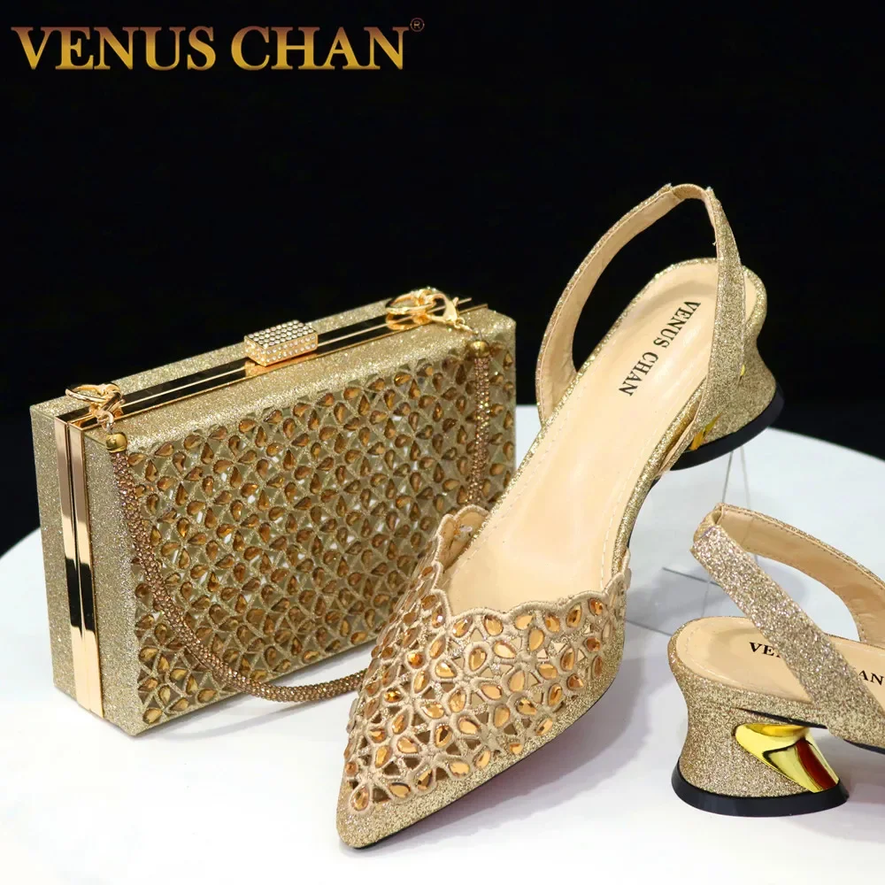 Venus Chan schoenen met lage hak voor dames uitgehold borduurwerk strass Italiaans design goudkleurige schoenen en tassen met puntige neus