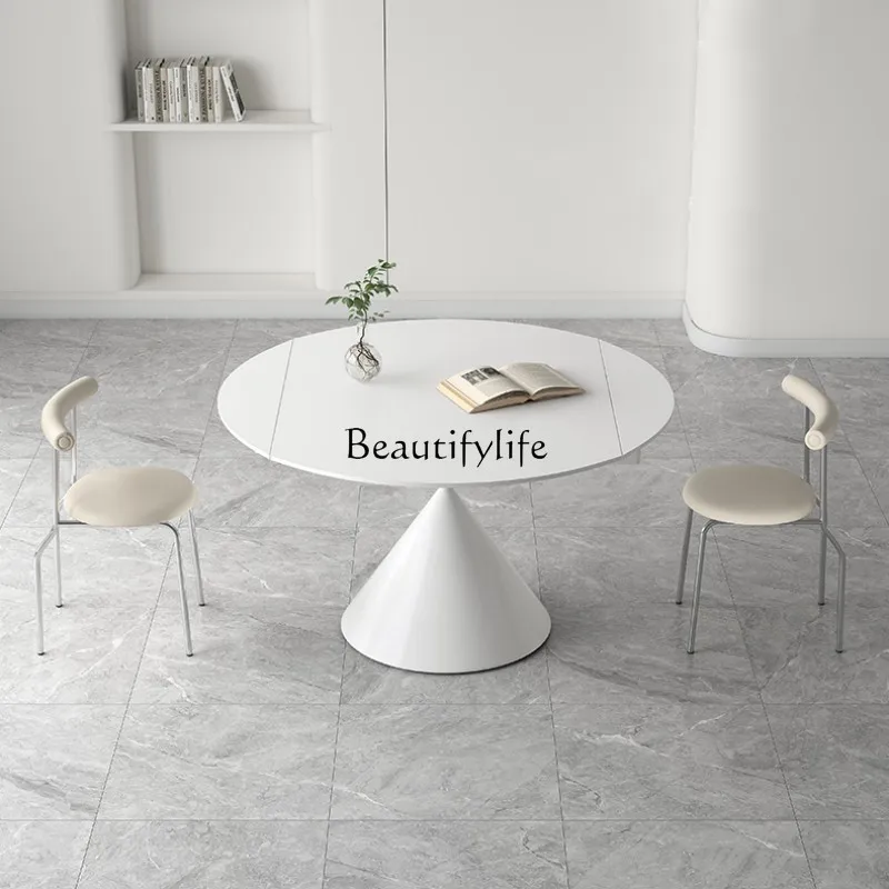 

Retractable dining table Variable round table Modern simple pure white cream wind rock slab dining table