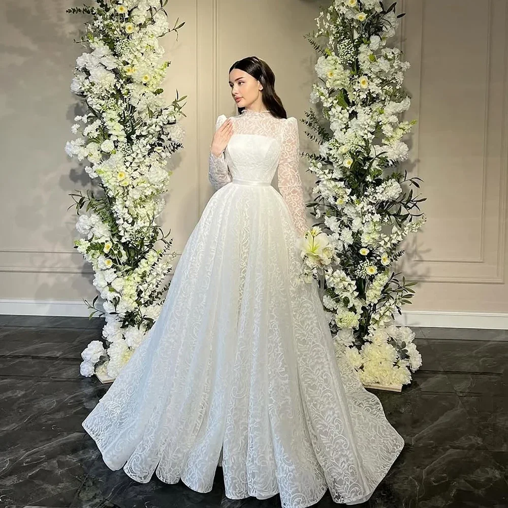 

Flavinke Customized Elegant High Neck White Lace A-line Wedding Dresses 2025 Full Sleeves Draped Evening Party Prom Gowns