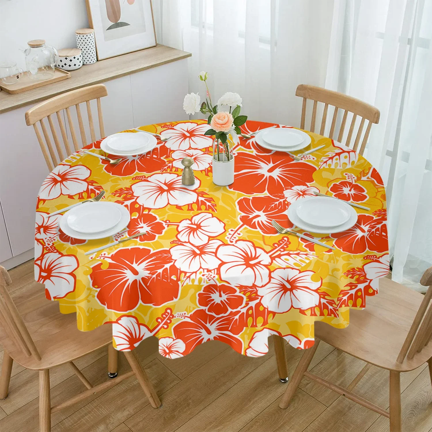 Hawaiian Tropical Flower Texture Round Tablecloth Waterproof Table Cover Home Kitchen Table Cloth Dining Table Decoration