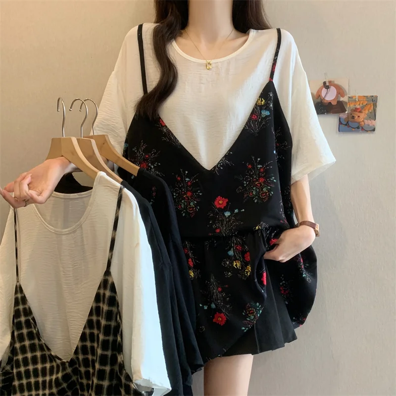 

Summer New Plaid Floral Loose Plus Size Casual Mid-Length Fake Two-Piece Top for Women