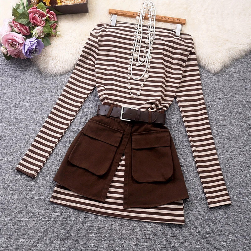 

OCEANLOVE Two Pieces Sets Woman Outfits Stripe Slash Neck Spring Autumn Skirt Set Korean Fashion Retro Conjuntos Feminino