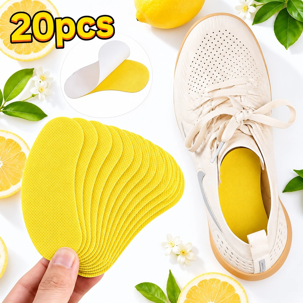 20-Pack Lemon Scented Shoe Insoles, Portable In-Shoe Freshener Insoles, Suitable for Sneakers, Casual Shoes, and All Types