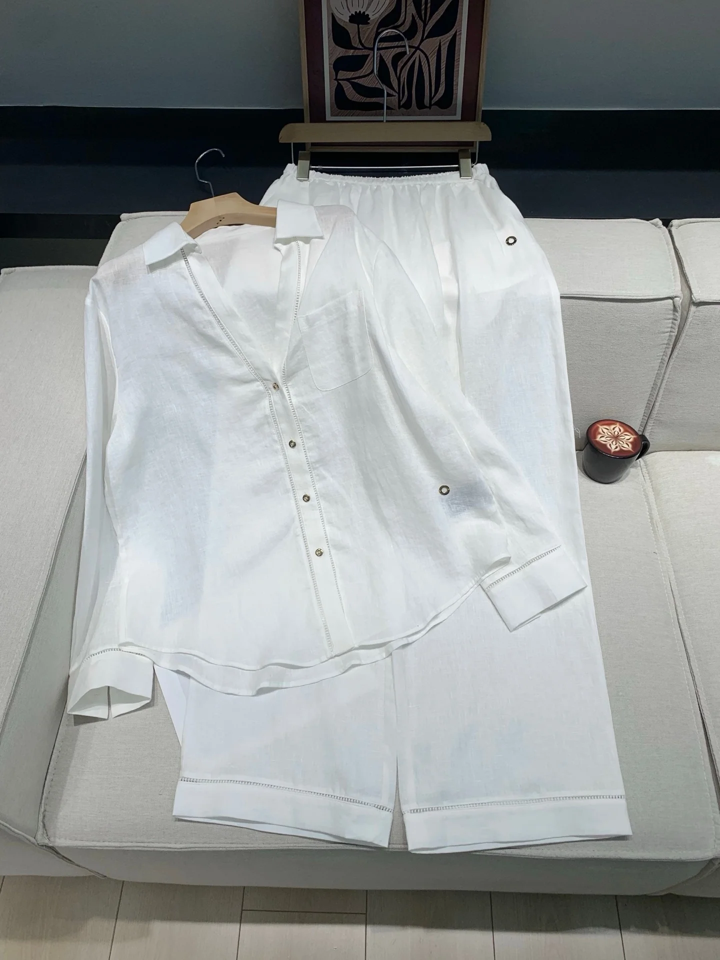 

Women 100% Linen White Set Turn-down Collar Long Sleeve Single Breasted Shirt + Elastic Waist Straight Wide Leg Pants Suit