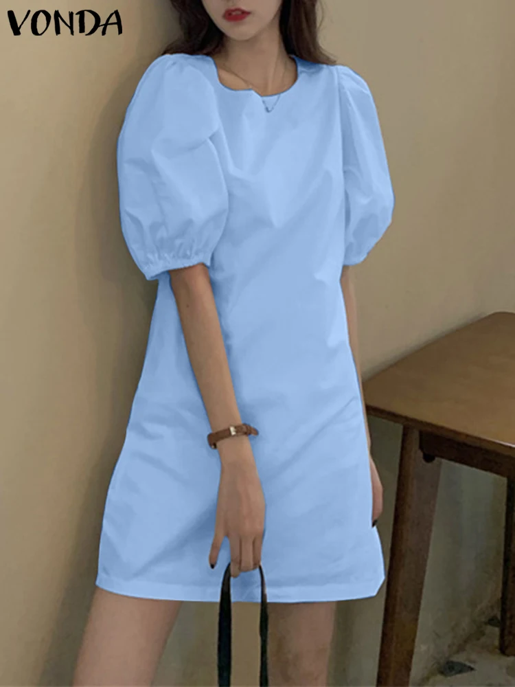 VONDA-minivestido de fiesta de verano para mujer, elegante vestido corto con mangas abullonadas, informal, liso, con cuello redondo, holgado y plisado, para vacaciones, 2024