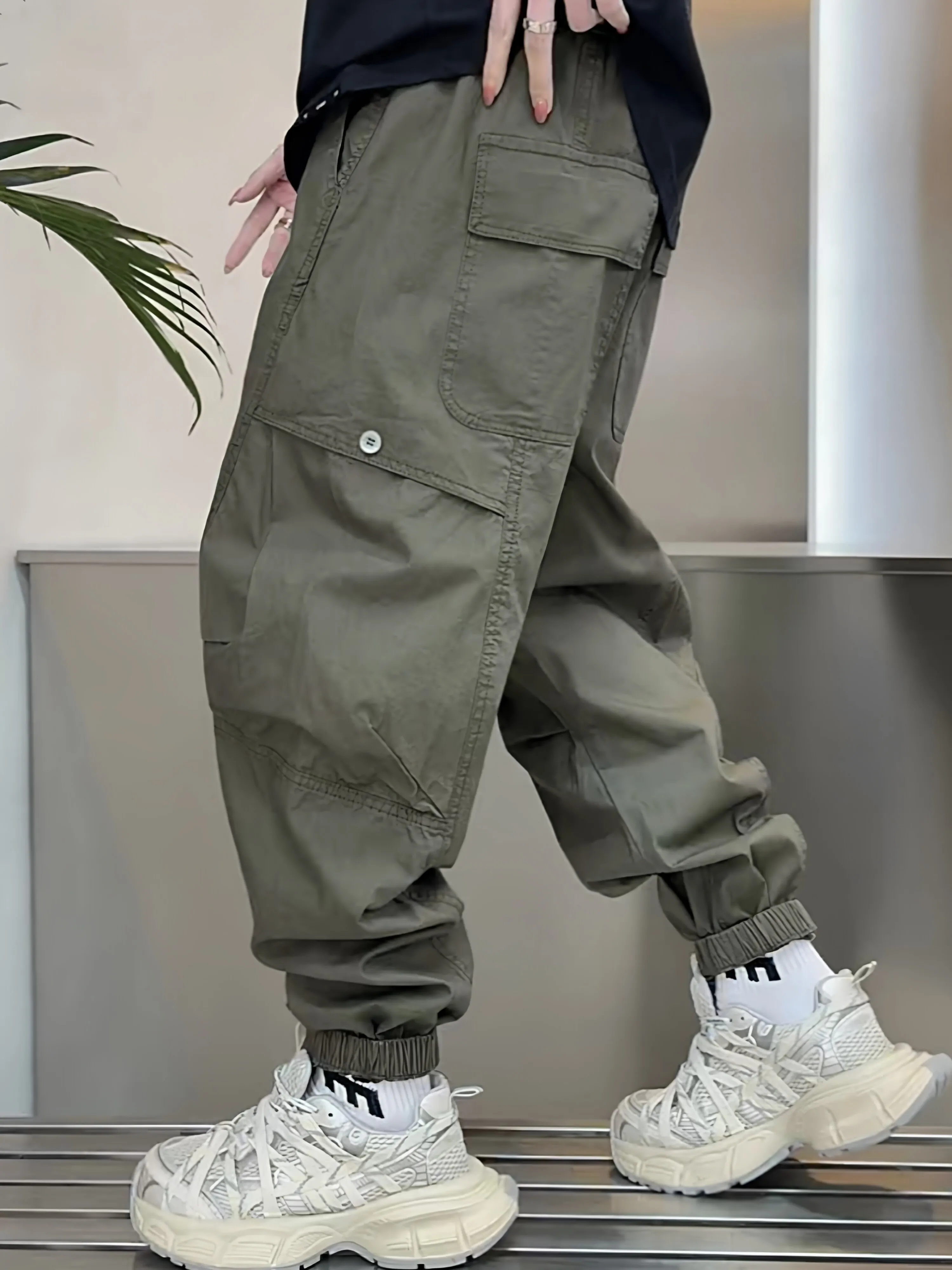 Men's Summer Thin Loose Cuffed Work Pants Casual Elastic Waist Harlan Pants Big Pocket Versatile Loose Fit Cotton Polyester