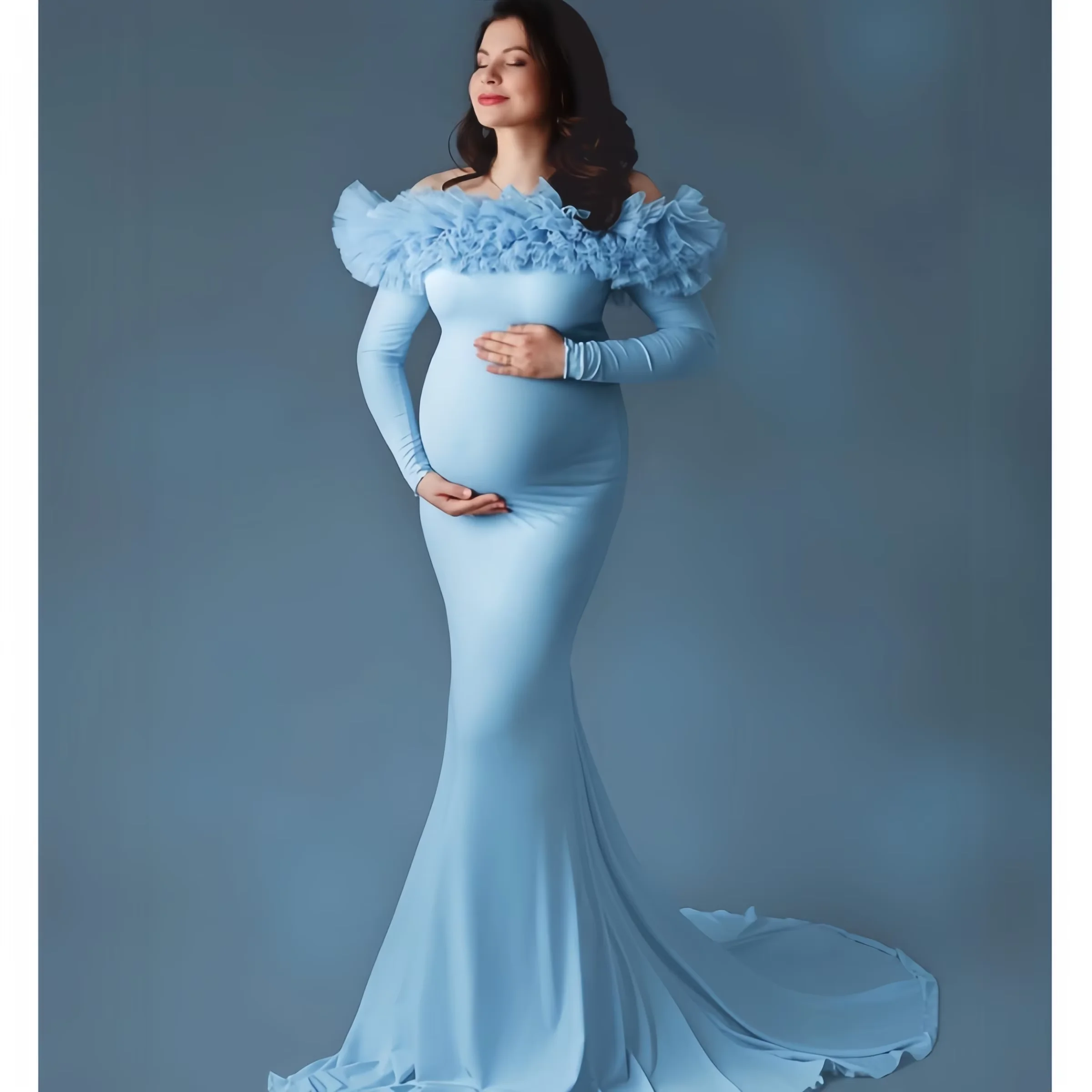 Elegant Sky Blue Maternity Dress for Baby Shower Mermaid Photo Vestido Sposa Ruched Long Sleeve Pregnant Women Gown Customized